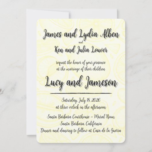 Fruity yellow citrus formal wedding invitation kaart (Voorkant)