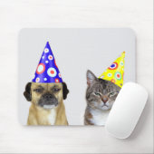 Frustrierter Hund und Katze mit Partyhütchen Muismat (Met muis)