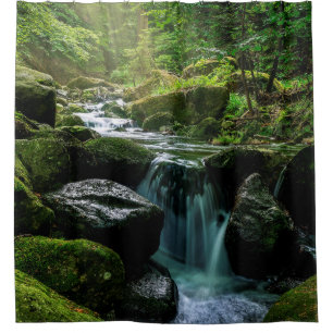 Fstromende Creek, groene mossy Rocks, Natuur van b Douchegordijn