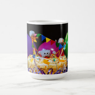 Fubby avontuur in feeststemming met taart. koffiemok