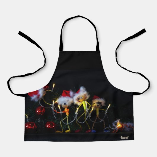 Fubby die Kerstverlichting in de Kerstboom hangen. Schort (Voorkant)