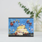 Fubby feest met Bruiloft taart en bruidspaar. Briefkaart (Staand voorkant)