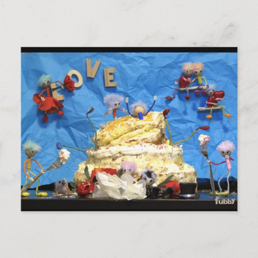 Fubby feest met taart en bruidspaar. briefkaart (Voorkant)