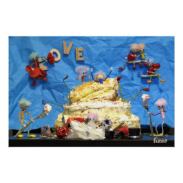 Fubby feest met taart en bruidspaar. perfect poster