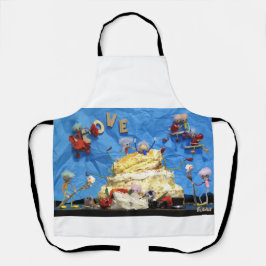 Fubby feest met taart en bruidspaar. schort