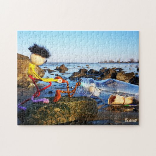 Fubby met flessenpost aan de kust. legpuzzel (Horizontaal)