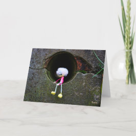 Fubby poppetje dat in een muur zit. bedankkaart