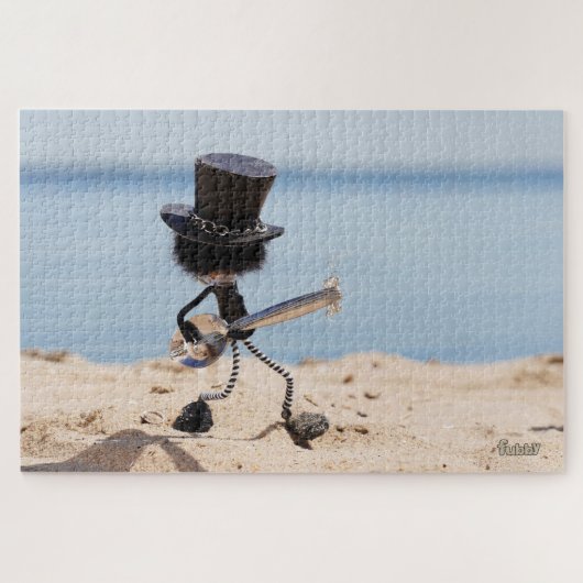 Fubby rock gitarist met hoed op het strand. legpuzzel (Horizontaal)