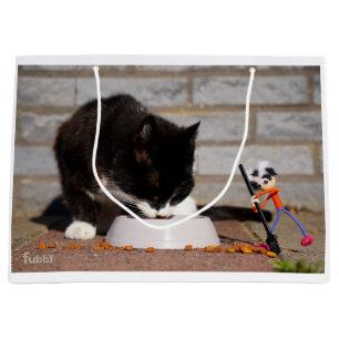 Fubby schoonmaken met de bezem bij etende Kat. Groot Cadeauzakje