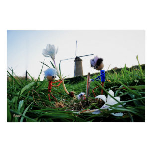 Fubby's bij een molen planten een krokus bol. perfect poster