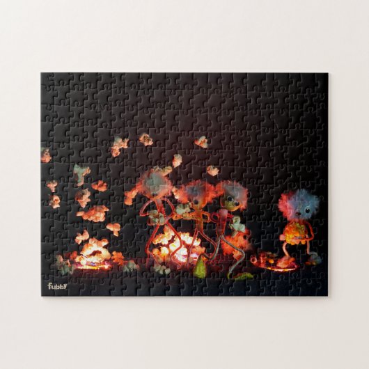 Fubby's bij popcorn explosie uit lava gaten. legpuzzel (Horizontaal)