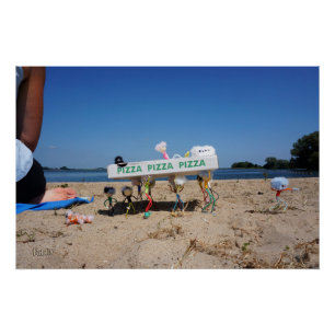 Fubby's die op het strand een pizza stelen. perfect poster