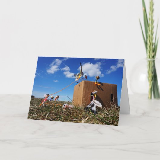 Fubby's die spelen met veren en vliegen. bedankkaart (Voorkant)