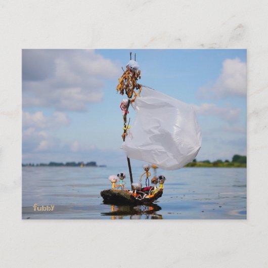 Fubby's op avontuur op Boomschors zeilboot. Briefkaart (Voorkant)