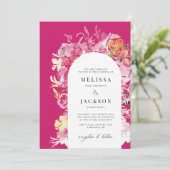 Fuchia Roze & Blush Waterverf Bloemenboog Bruiloft Kaart (Staand voorkant)