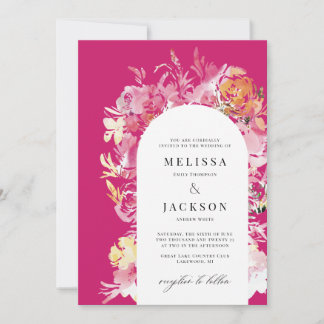 Fuchia Roze & Blush Waterverf Bloemenboog Bruiloft Kaart