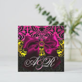 FUCHSA RIBBON GOLD PINK BLACK DAMASK MONOGRAM KAART (Staand voorkant)