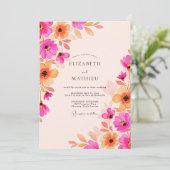 Fuchsia Abrikoos Stralende Waterverf Bruiloft Kaart (Staand voorkant)