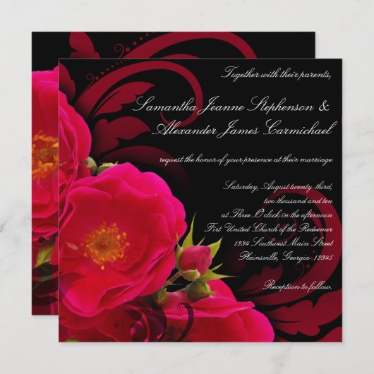 Fuchsia and Black Garden Roos with Swirl Square Kaart (Voorkant / Achterkant)