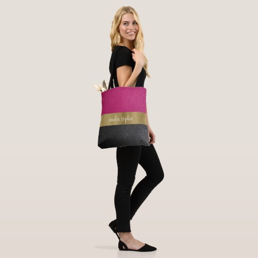 Fuchsia and Black met Gold Tote Bag (Op model)