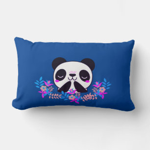 Fuchsia and Blue Floral Panda Beer Lumbar Pillow Kussen