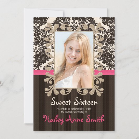 Fuchsia and Brown  Damask Sweet Sixteen Kaart (Voorkant)