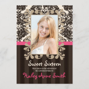 Fuchsia and Brown  Damask Sweet Sixteen Kaart