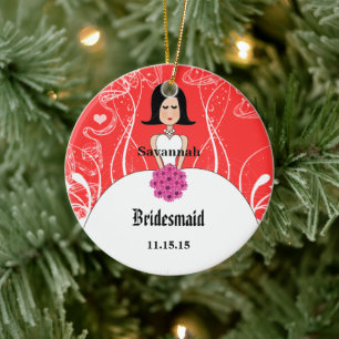 Fuchsia and Coral Wedding Black Hair Bridesmaid Keramisch Ornament