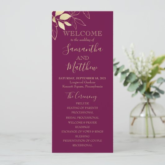 Fuchsia and Gold Foliage Botanical Wedding Program (Staand voorkant)