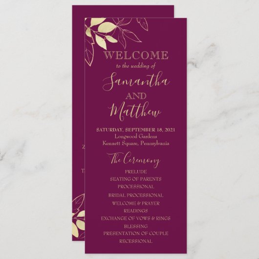 Fuchsia and Gold Foliage Botanical Wedding Program (Voorkant / Achterkant)