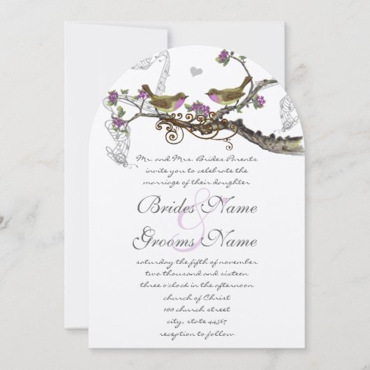 Fuchsia and Grey  Birds Wedding Invite Kaart (Voorkant)