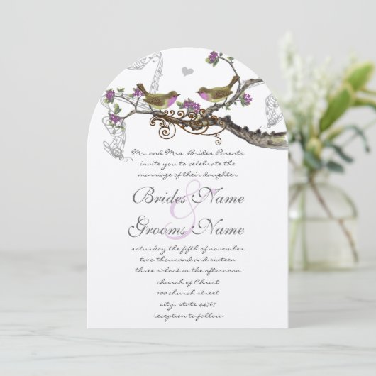 Fuchsia and Grey  Birds Wedding Invite Kaart (Staand voorkant)