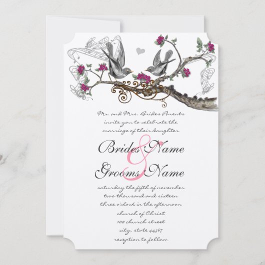 Fuchsia and Grey  Birds Wedding Invite Kaart (Voorkant)