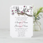 Fuchsia and Grey  Birds Wedding Invite Kaart (Staand voorkant)