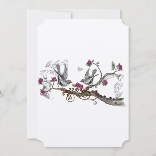 Fuchsia and Grey  Birds Wedding Invite Kaart (Achterkant)