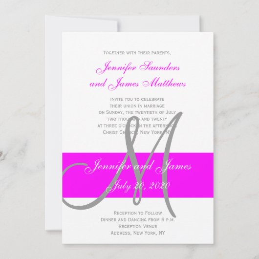 Fuchsia and Grey Modern Wedding Invitation Kaart (Achterkant)