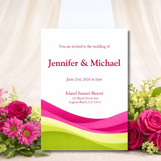Fuchsia and Lime Green Modern Wedding  Invitation Kaart