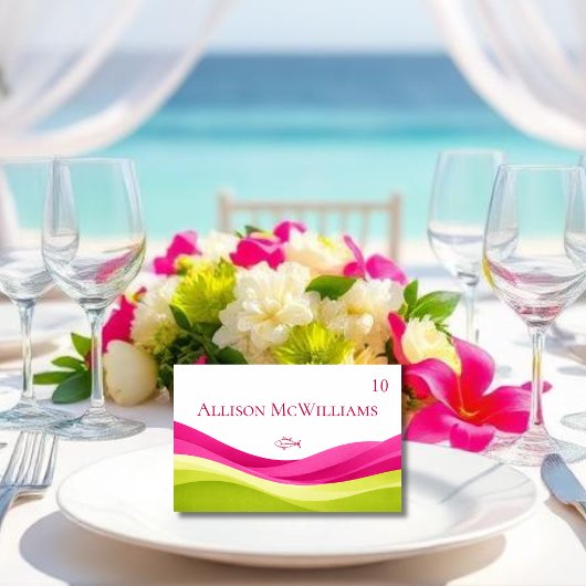 Fuchsia and Lime Green Wedding Place Card-Fish Kaart