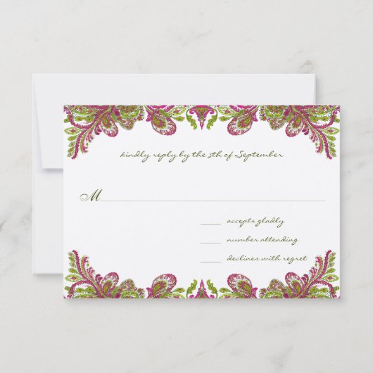 Fuchsia and Limoen Paisley Wedding Invitation Kaart (Achterkant)