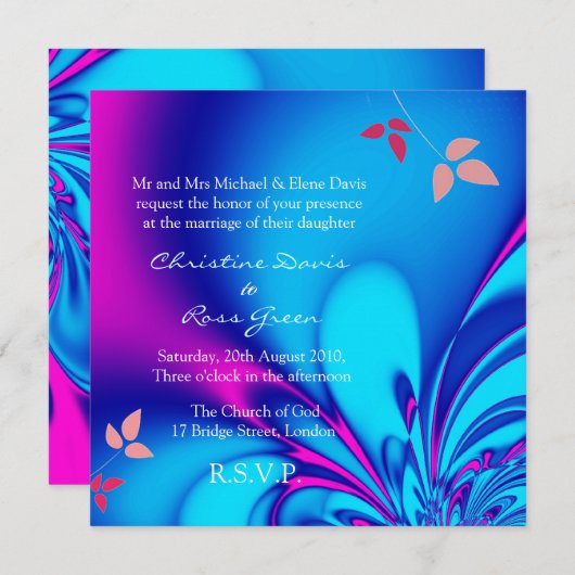 Fuchsia and navy blue bruiloft-uitnodiging kaart (Voorkant / Achterkant)