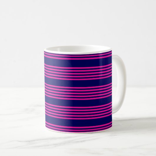 Fuchsia and navy blue vijf strepen patroon koffiemok (Voorkant rechts)