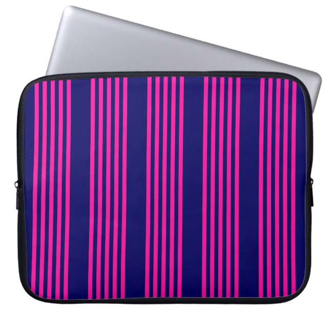 Fuchsia and navy blue vijf strepen patroon laptop sleeve (Voorkant)