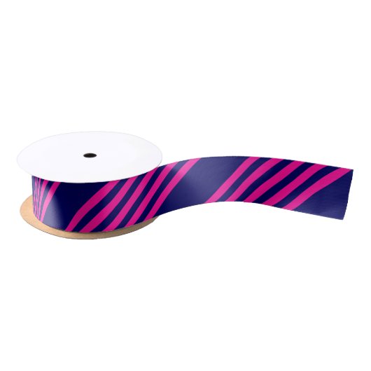 Fuchsia and navy blue vijf strepen patroon satijnen lint (Spoel)