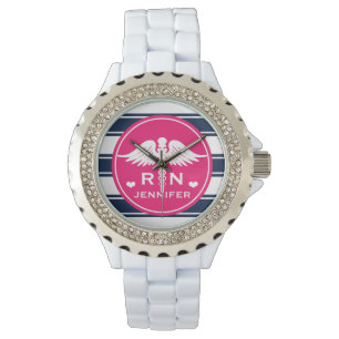 Fuchsia and Navy Stripe Caduceus RN Nurse Horloge