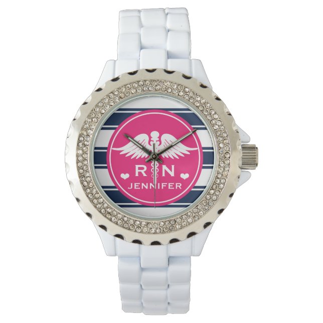 Fuchsia and Navy Stripe Caduceus RN Nurse Horloge (Voorkant)