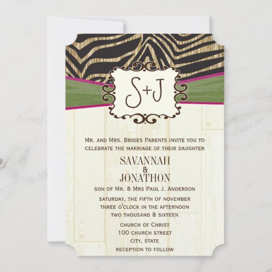 Fuchsia and Olive Barn Wood Zebra Print Wedding Kaart (Voorkant)