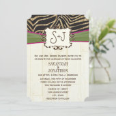Fuchsia and Olive Barn Wood Zebra Print Wedding Kaart (Staand voorkant)