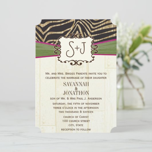 Fuchsia and Olive Barn Wood Zebra Print Wedding Kaart (Staand voorkant)