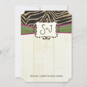 Fuchsia and Olive Barn Wood Zebra Print Wedding Kaart (Achterkant)