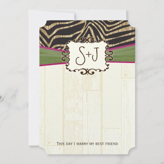 Fuchsia and Olive Barn Wood Zebra Print Wedding Kaart (Achterkant)